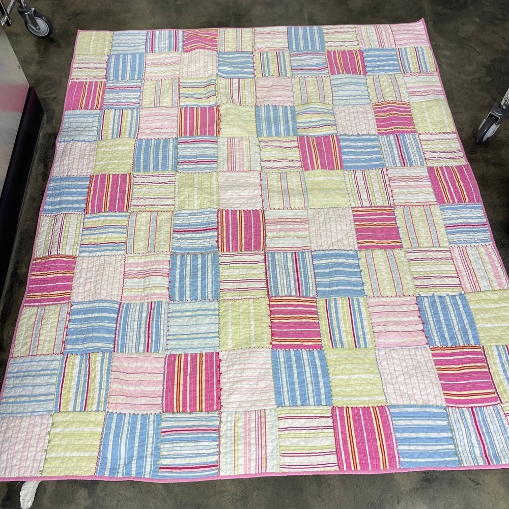 Pottery Barn Quilt Twin Multi Color Striped Patchwork Cotton Cottagecore
